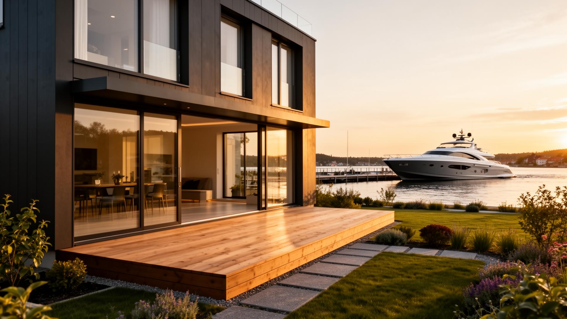 Modern Scandinavisch huis met houten veranda, tuin en jacht aan de steiger bij gouden uur
